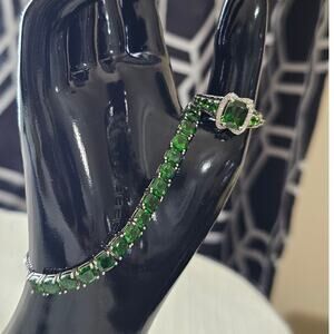 925 Sterling Silver Green CZ Tennis Bracelet & Matching Statement Ring Set Sz 11